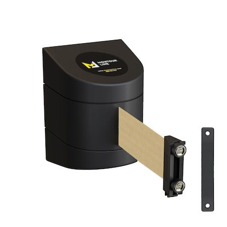 Montour Line Retractable Belt Barrier Black Magnetic Wall Mount 7.5'Lt BrwnBelt (M) WMX140-BK-LBN-M-M-75